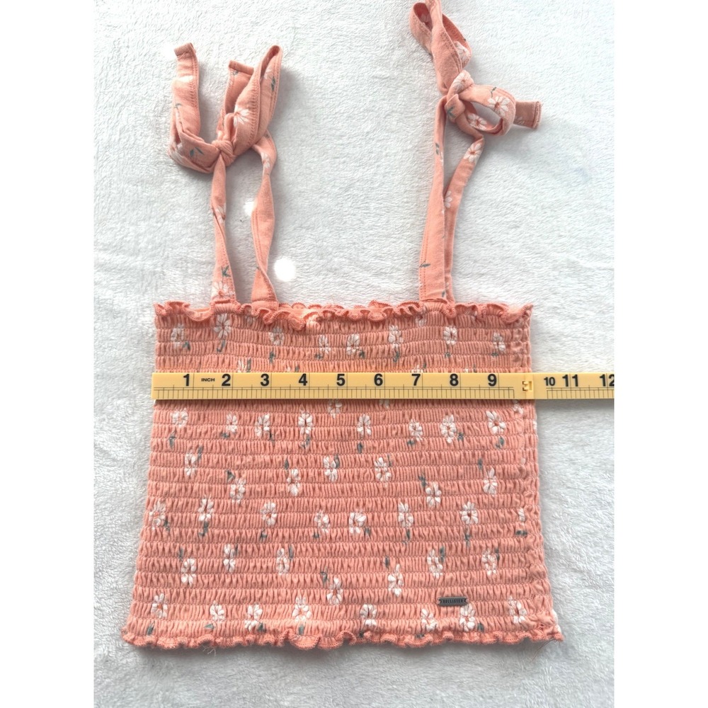 Hollister Smocked Tank Top Womens XS Peach Pink Daisy Floral Tie Strap Crop Cami - Picture 4 of 11